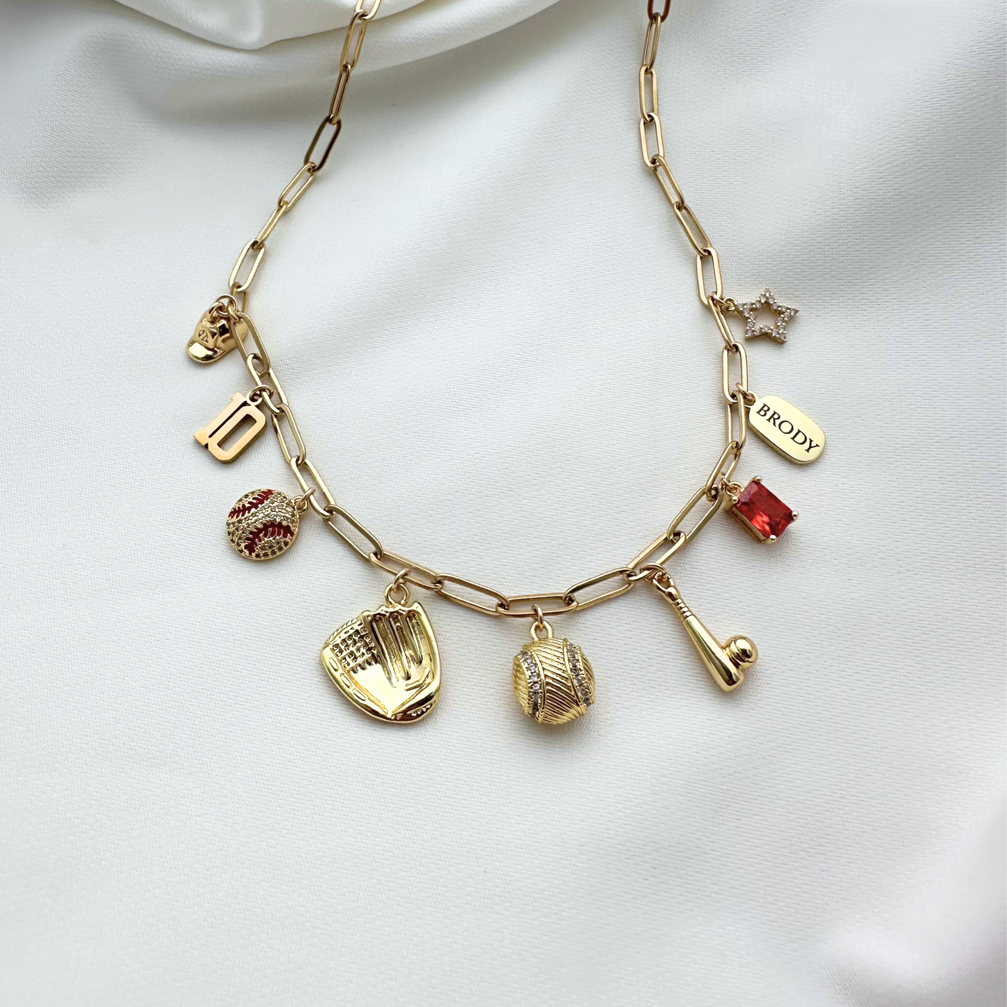 Red and Gold 9-Charm Baseball Necklace