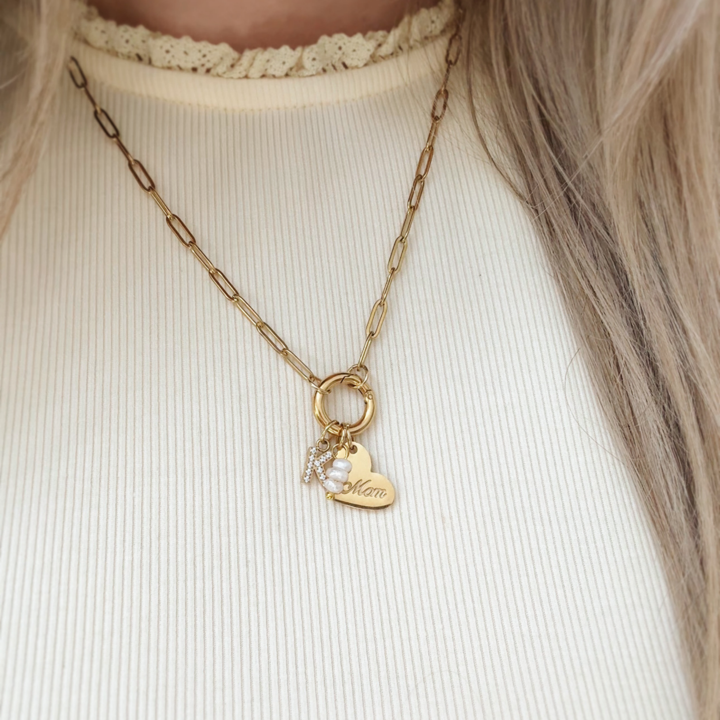 3-Charm Mom Heart Circle Necklace