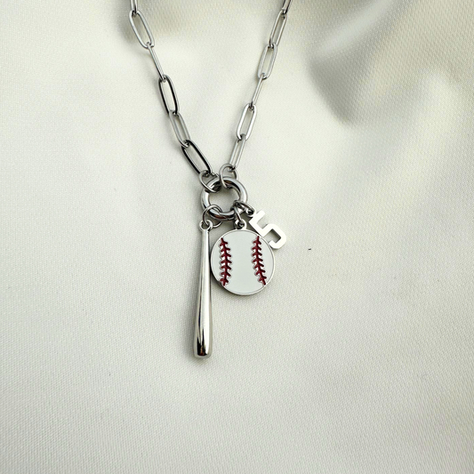 Silver Baseball Bat 3-Charm Holder Necklace