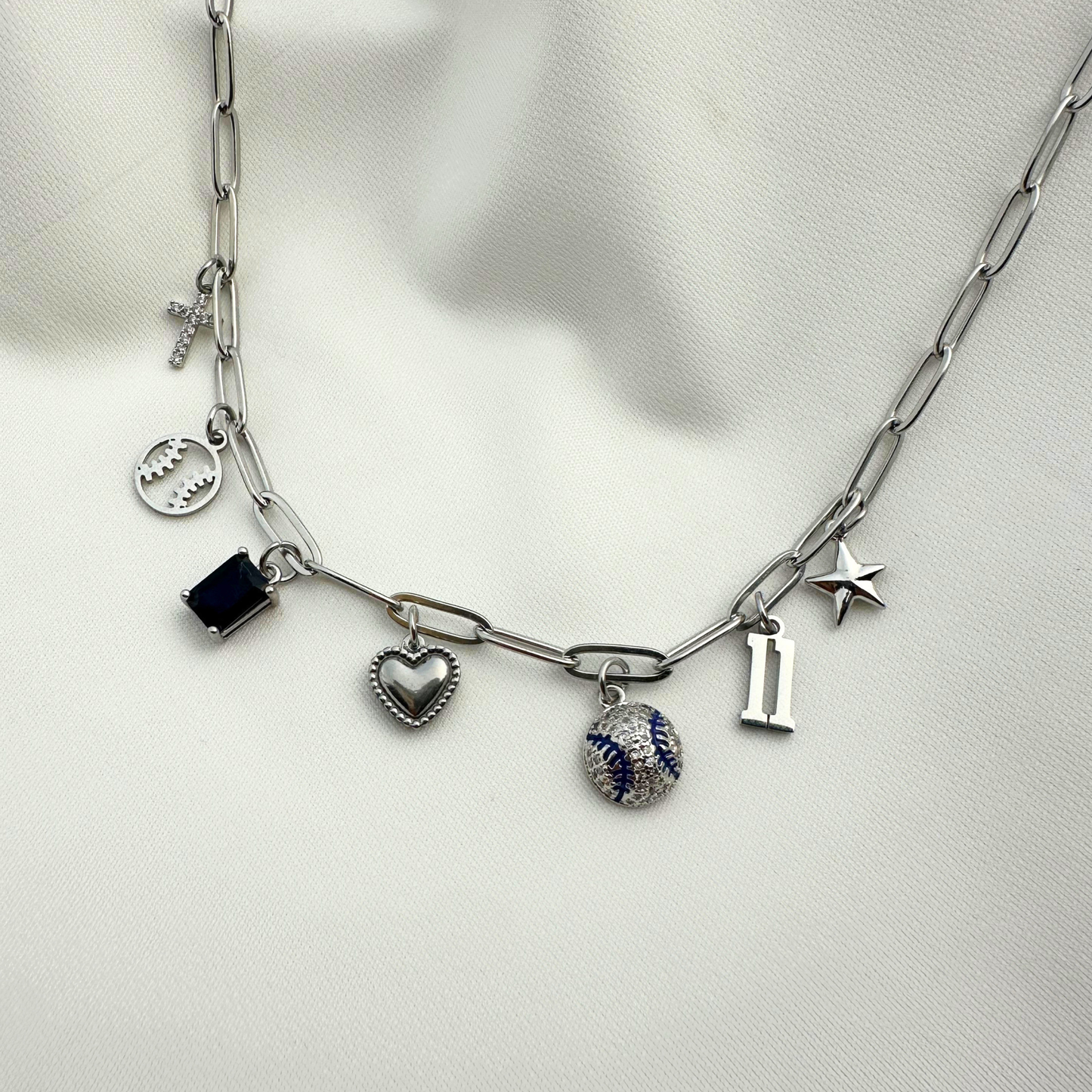 Silver Blue Baseball 7-Charm Necklace