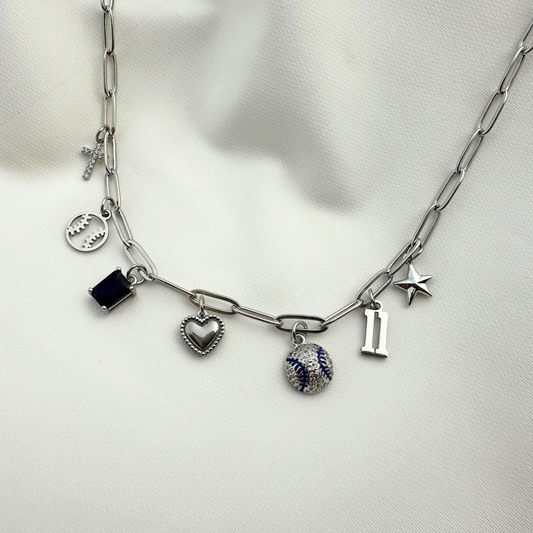 Silver Blue Baseball 7-Charm Necklace