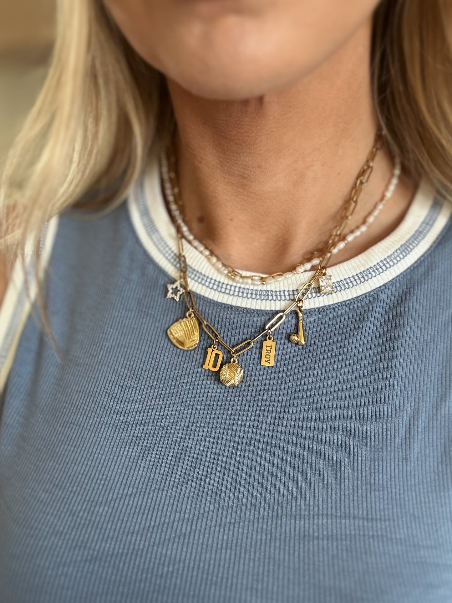 Red and Gold 9-Charm Baseball Necklace