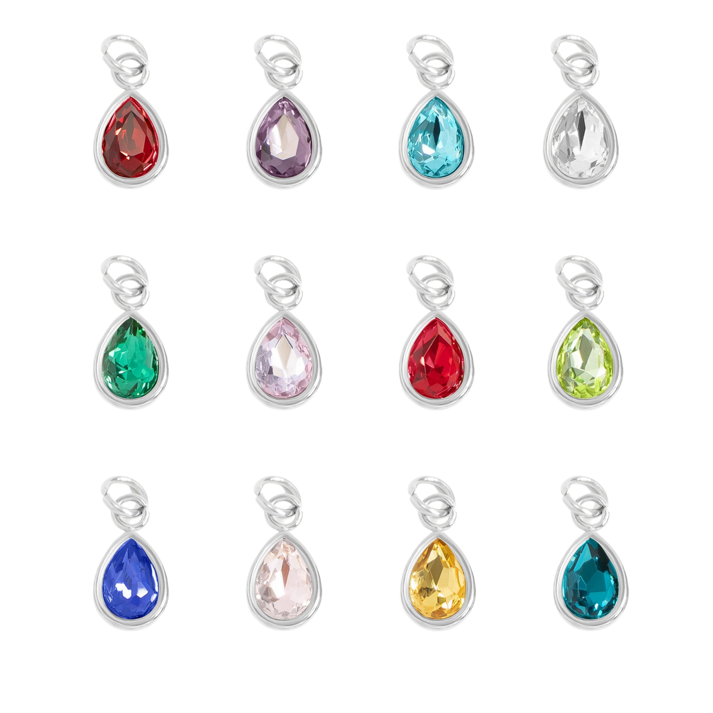 Mini Teardrop Colored Gem Charms (Silver)