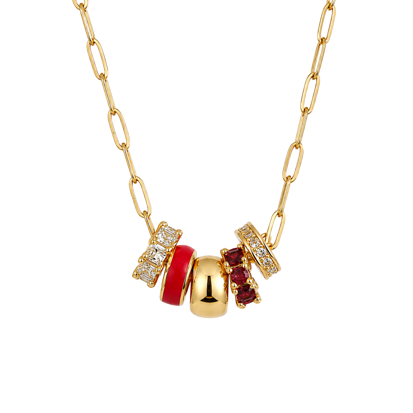 Red 5-Charm Slider Necklace in Gold