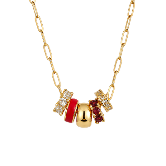 Red 5-Charm Slider Necklace in Gold