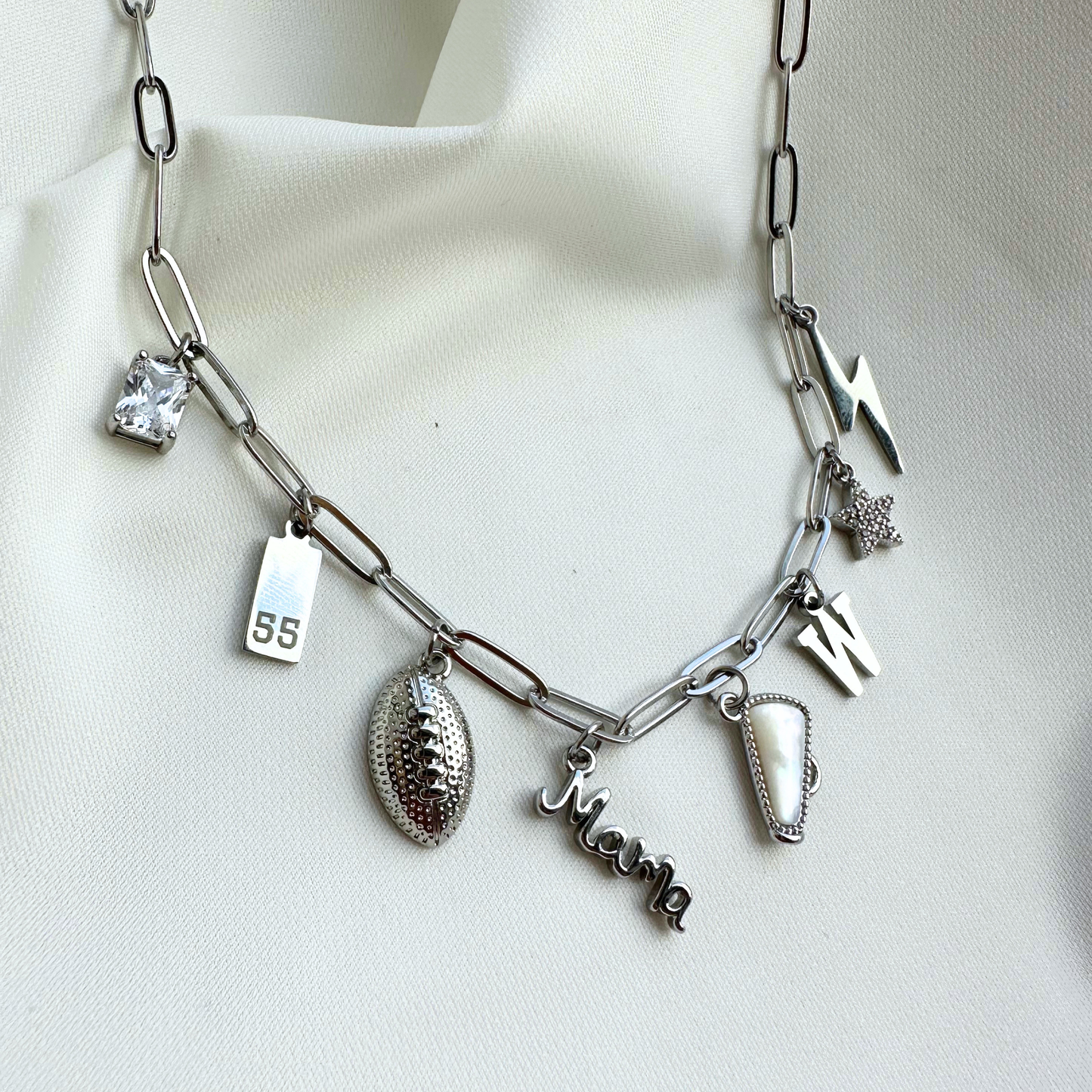 Silver 8-Charm Football Necklace