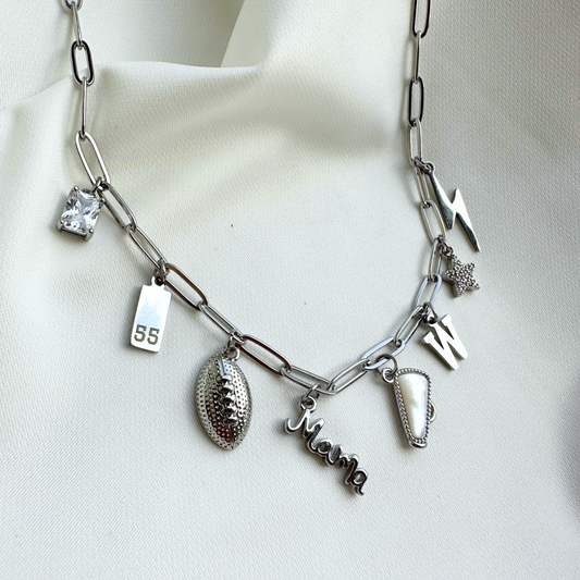 Silver 8-Charm Football Necklace