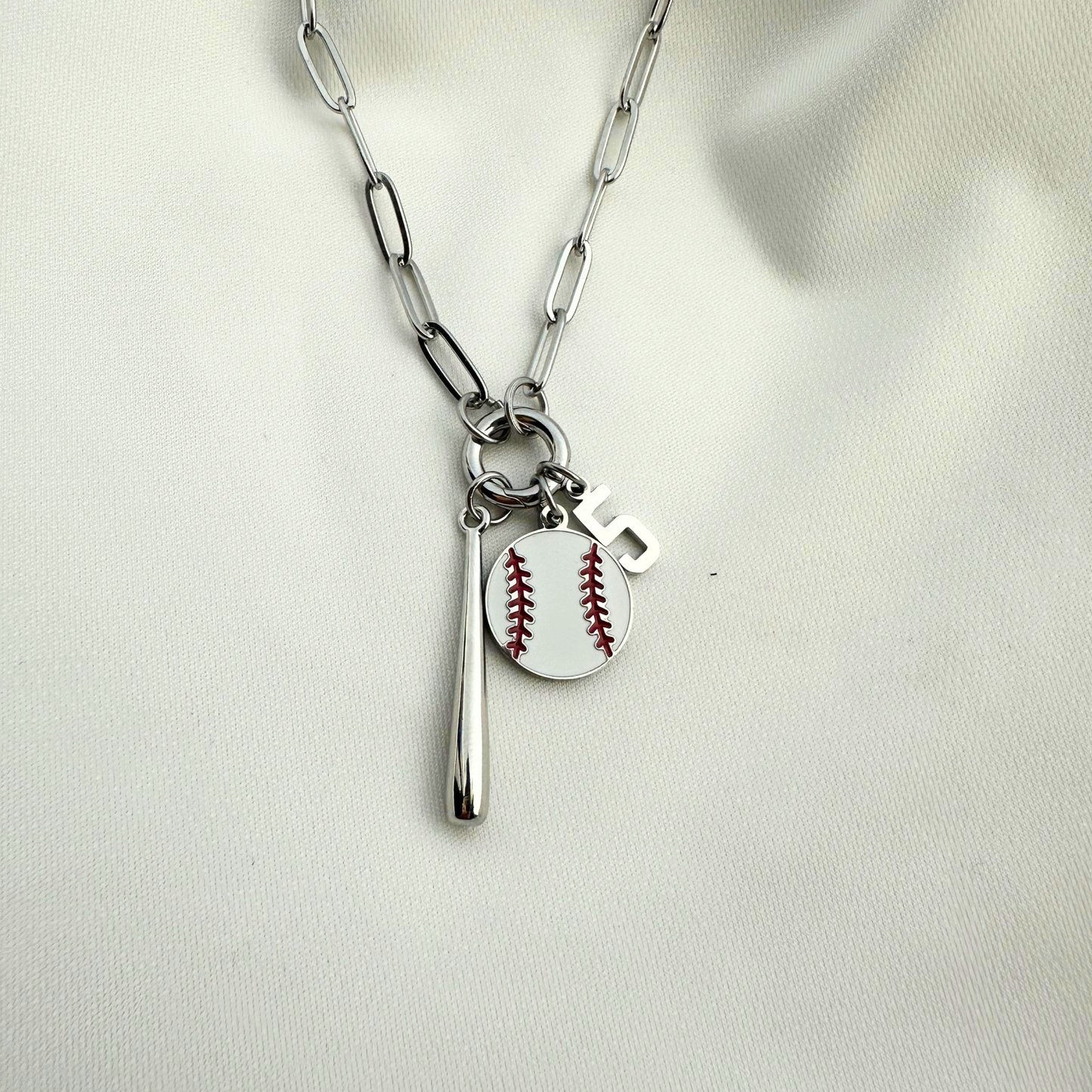 Silver Baseball Bat 3-Charm Holder Necklace
