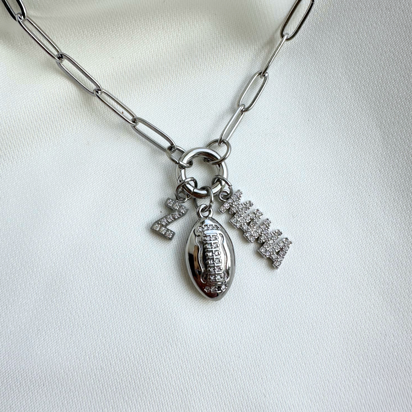 Silver 3-Charm Sparkly Football Charm Holder Necklace