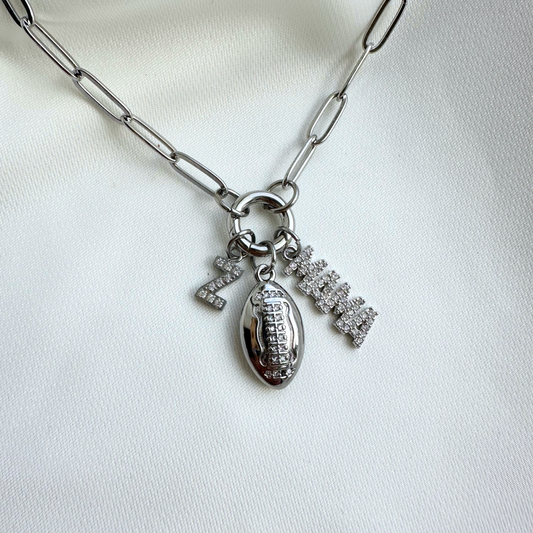 Silver 3-Charm Sparkly Football Charm Holder Necklace