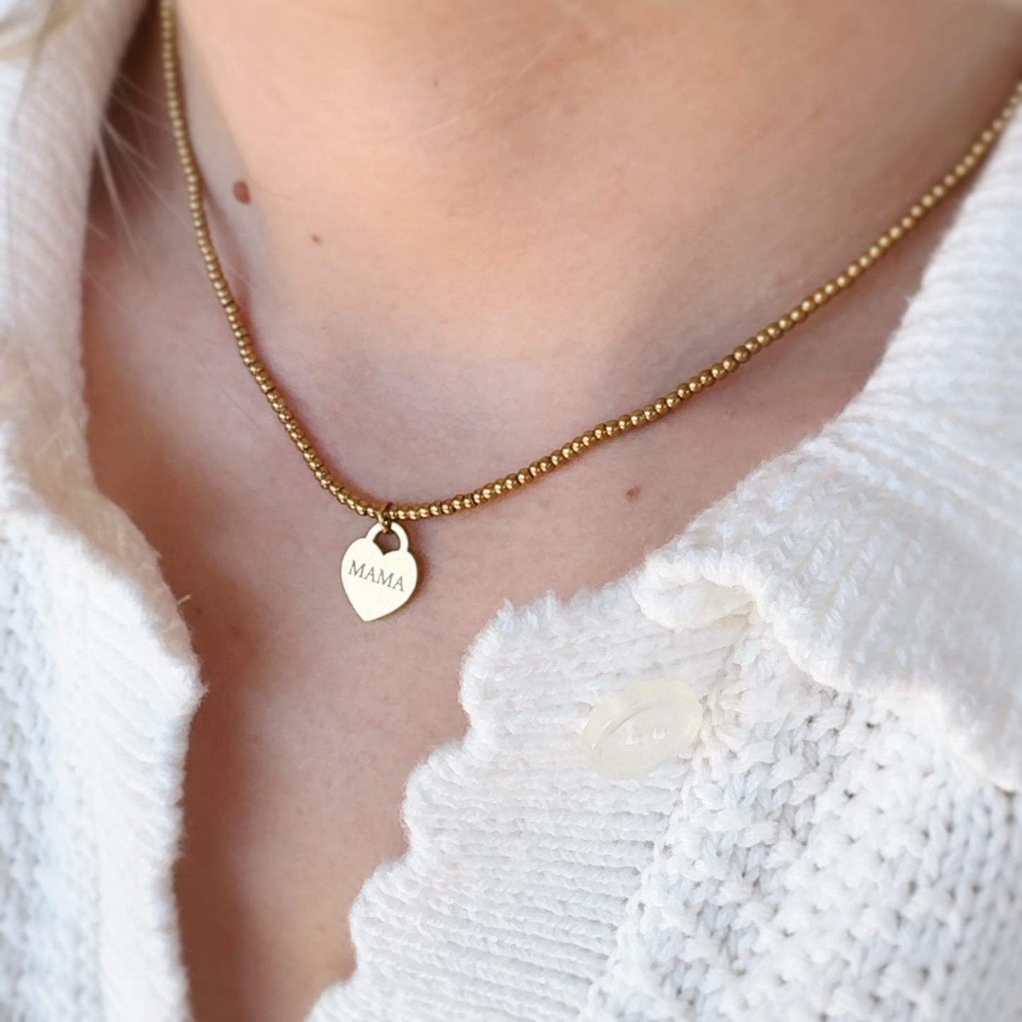 Gold Beaded "MAMA" Heart Necklace