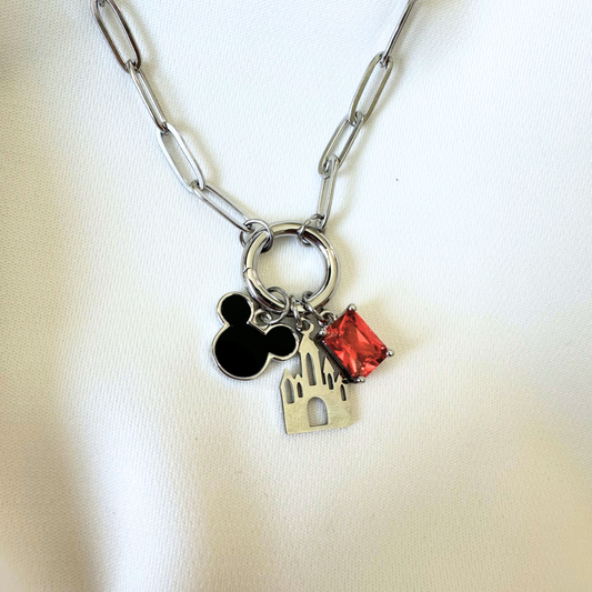 Silver Black + Red Castle Happiest Place 3-Charm Holder Necklace