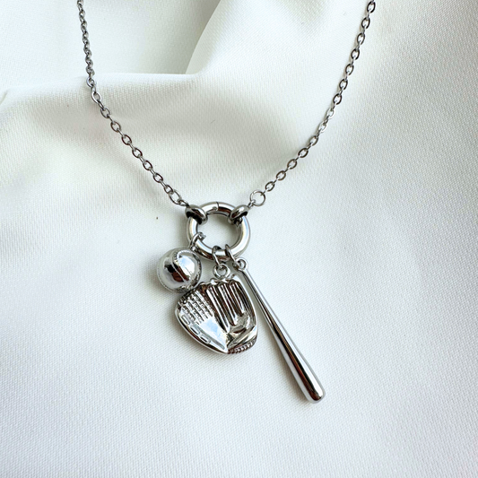 Silver 3-Charm Baseball/Softball Charm Holder Necklace