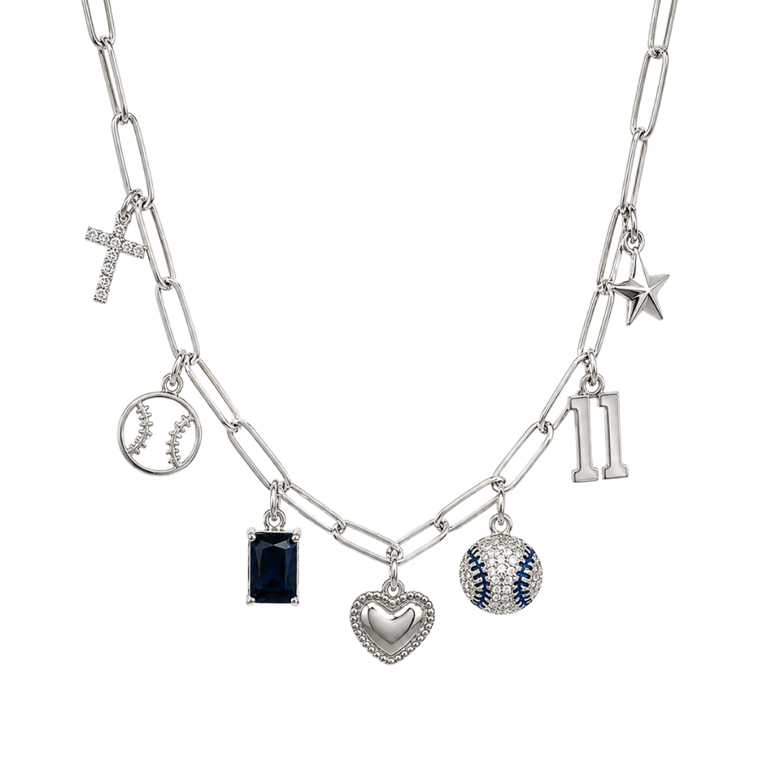Silver Blue Baseball 7-Charm Necklace