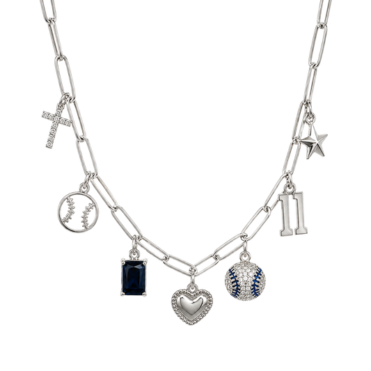 Silver Blue Baseball 7-Charm Necklace