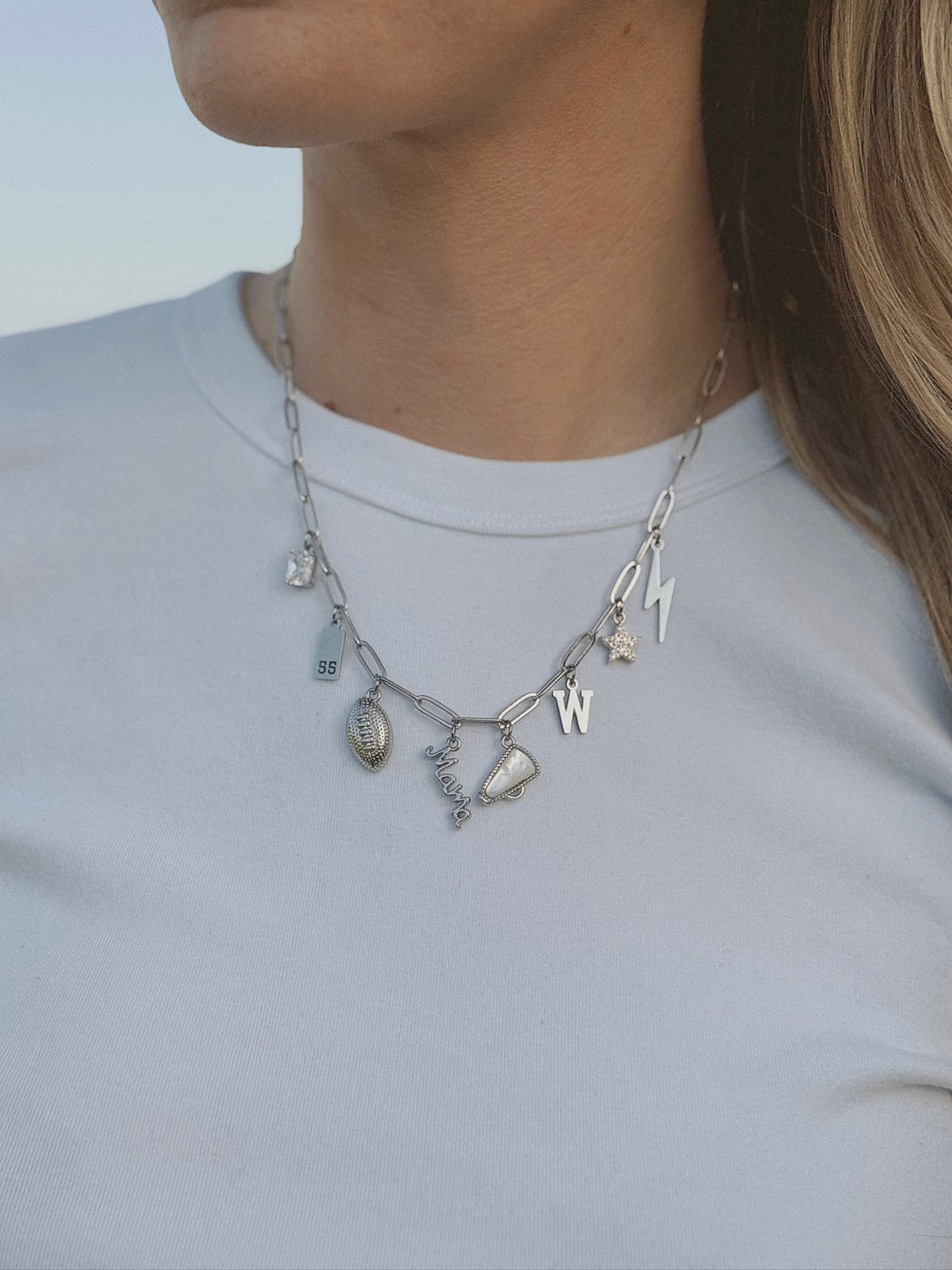 Silver 8-Charm Football Necklace
