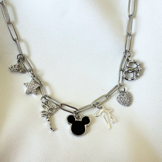 Silver Black Mouse Happiest Place 7-Charm Necklace