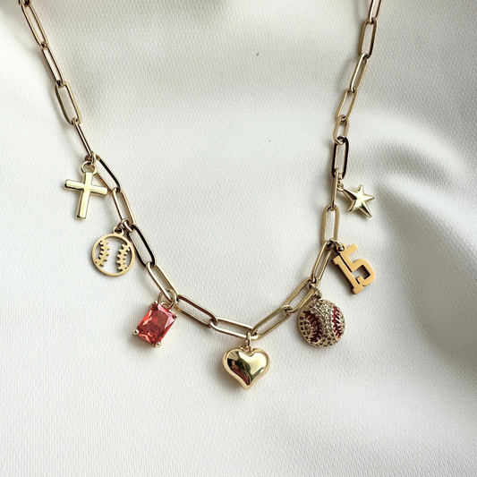Gold Red Baseball 7-Charm Necklace