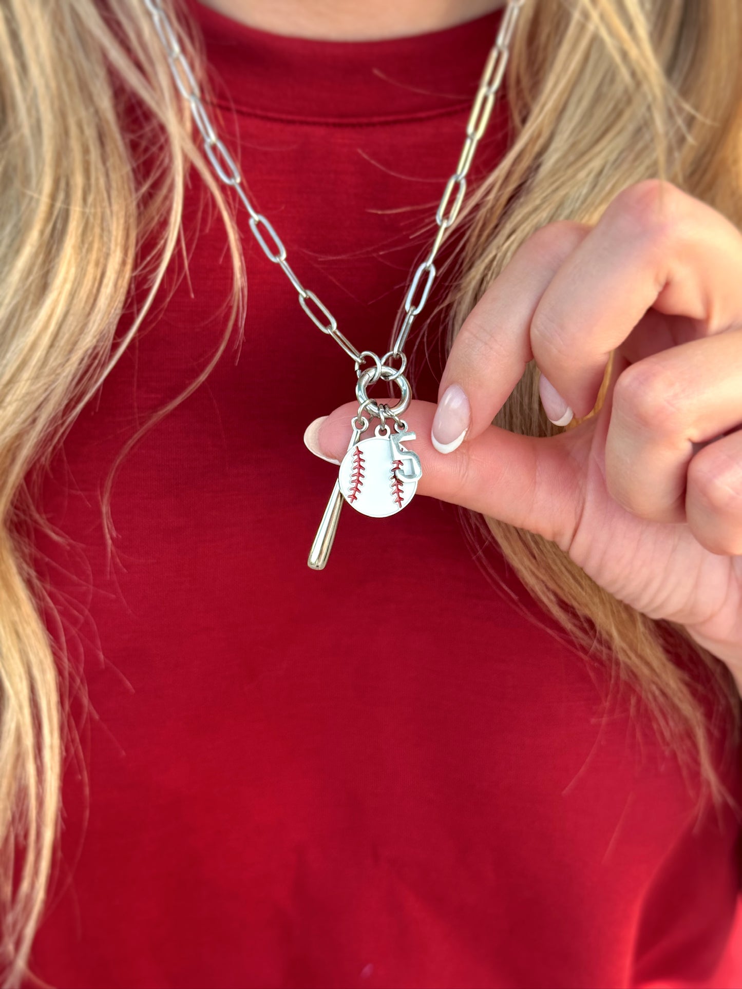 Silver Baseball Bat 3-Charm Holder Necklace