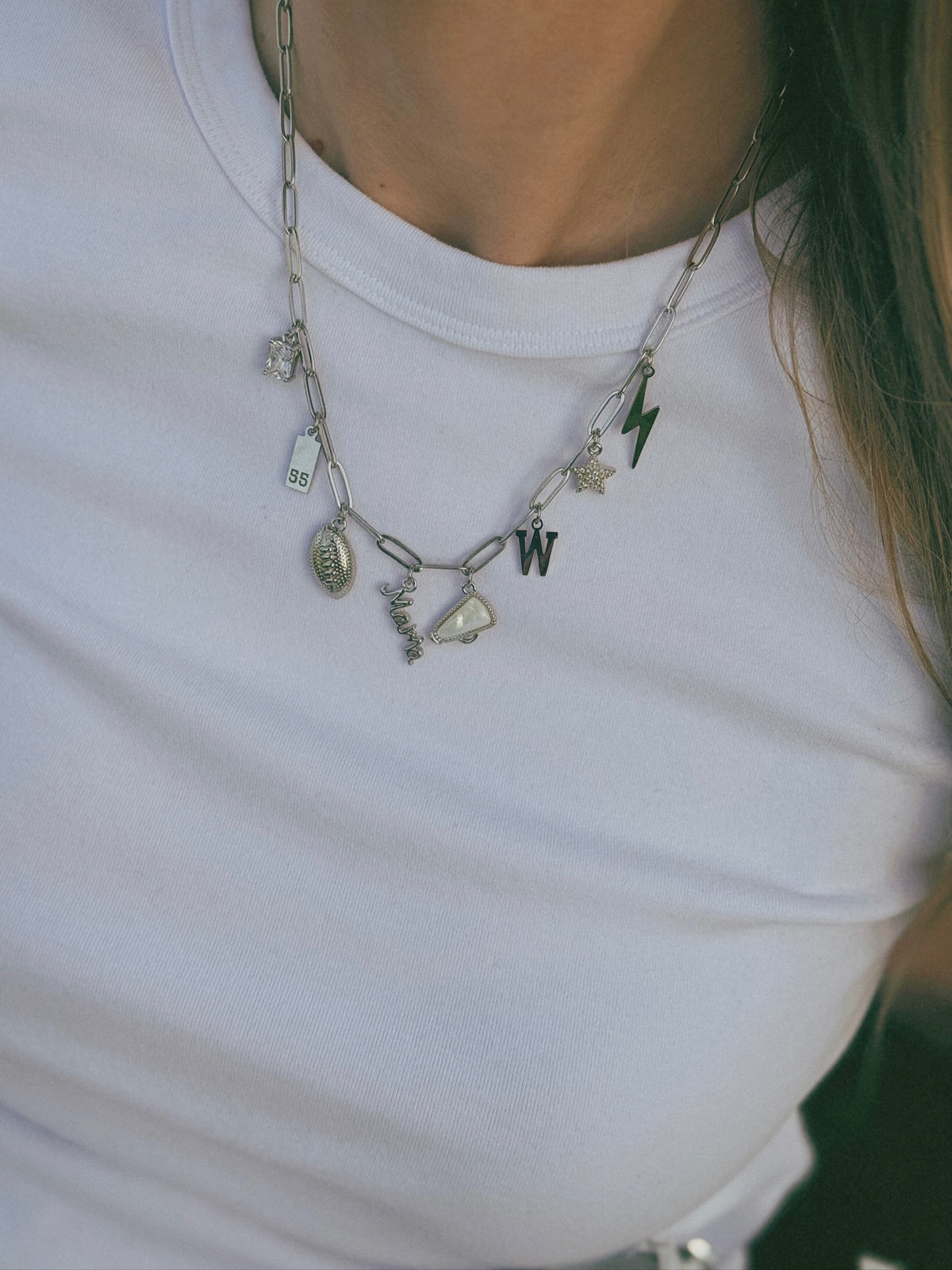Silver 8-Charm Football Necklace