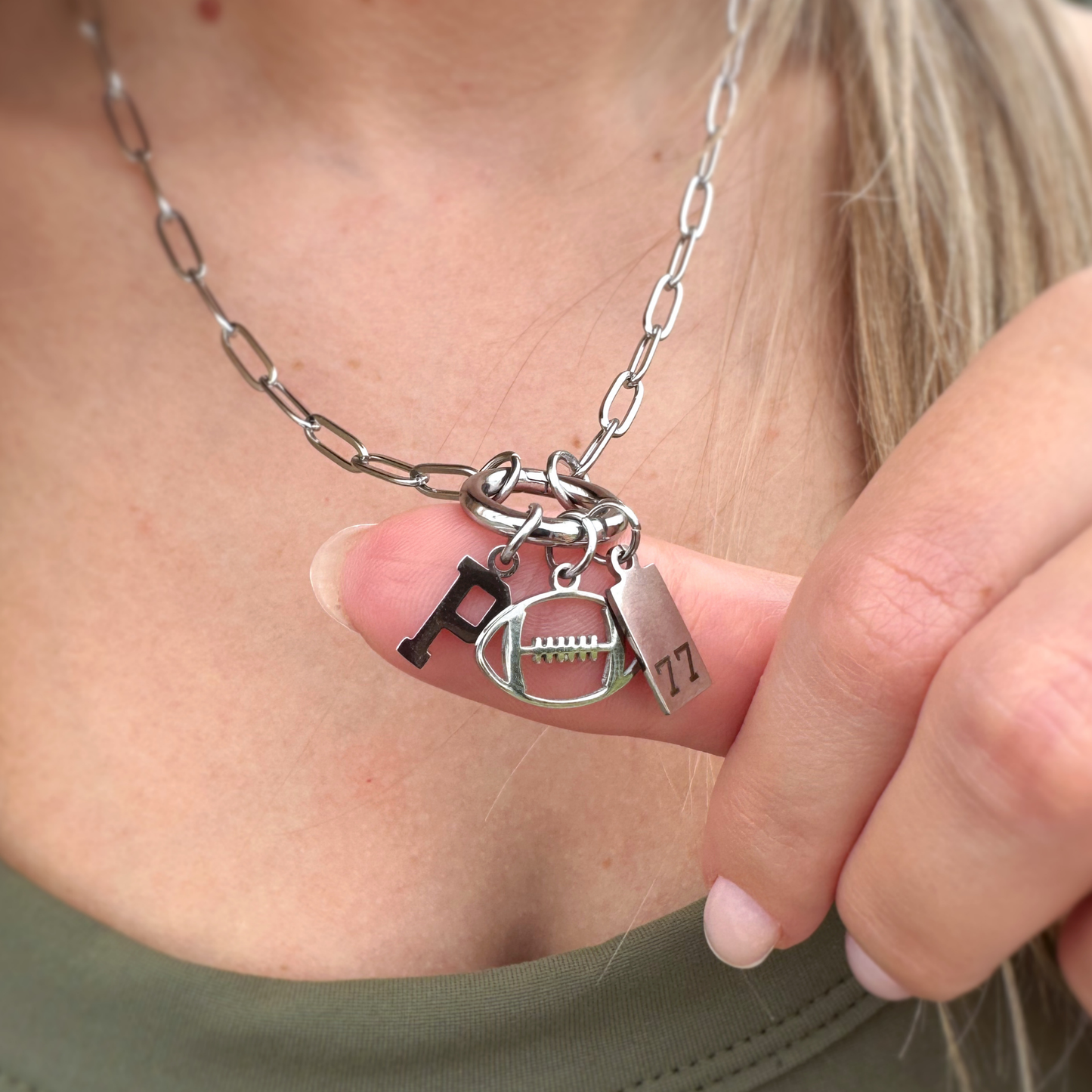 3-Charm Football Silver Charm Keeper Necklace