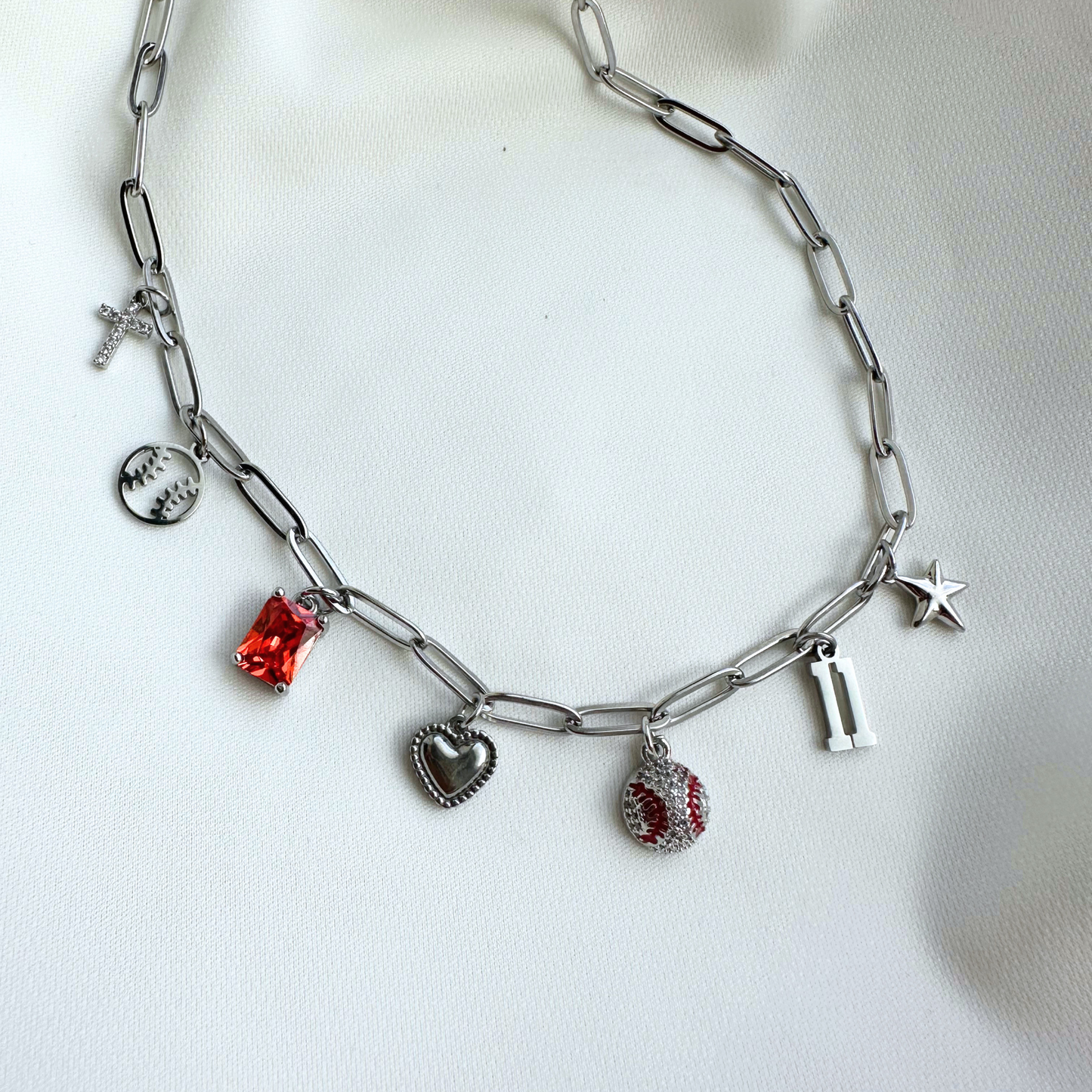 Silver Red Baseball 7-Charm Necklace