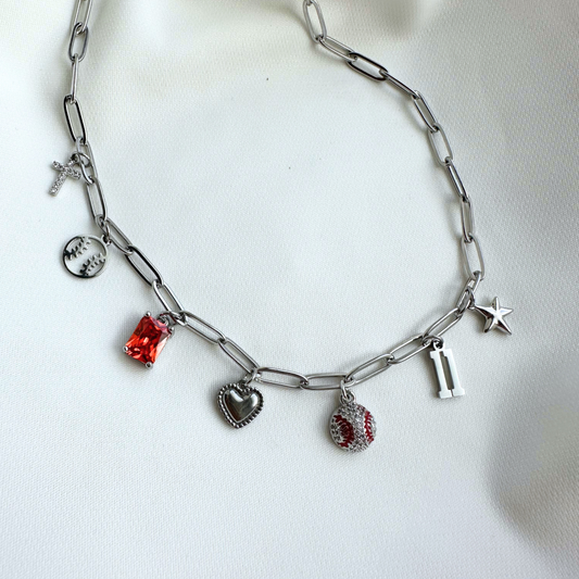 Silver Red Baseball 7-Charm Necklace