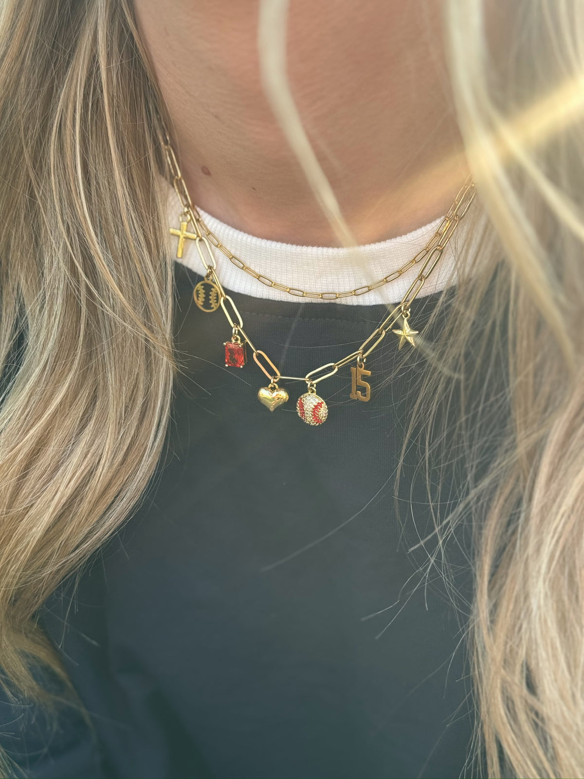 Gold Red Baseball 7-Charm Necklace