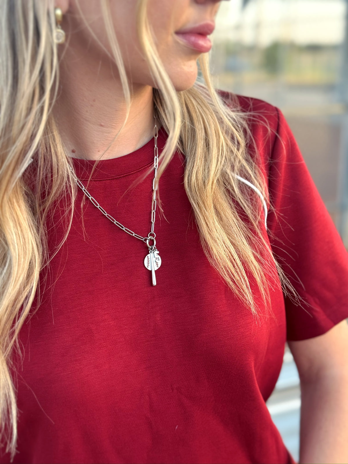Silver Baseball Bat 3-Charm Holder Necklace