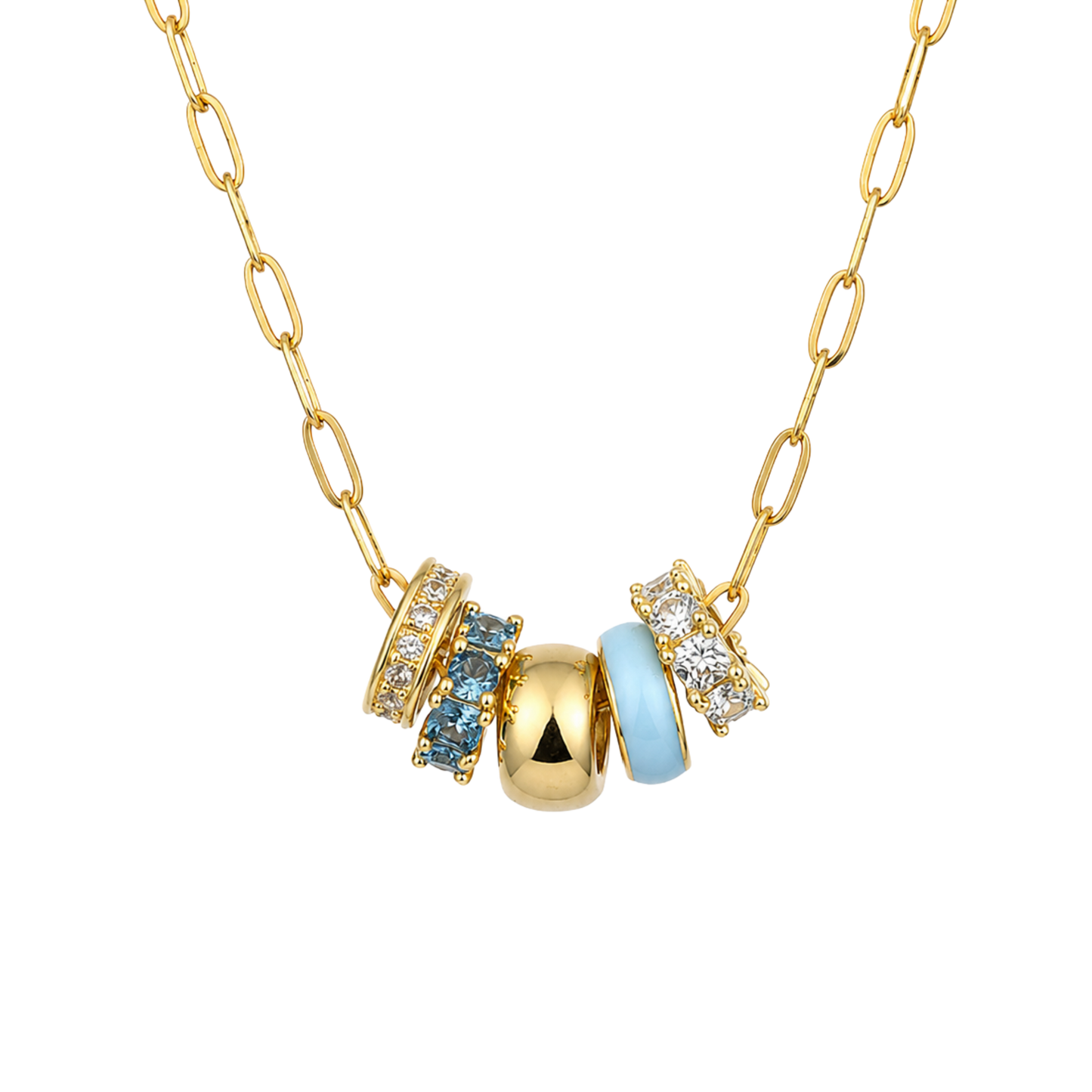 Light Blue 5-Charm Slider Necklace in Gold