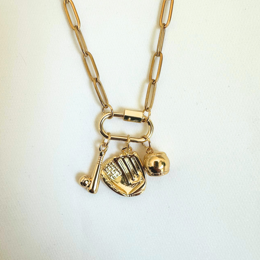 All Gold Baseball Carabiner Charm Holder Necklace