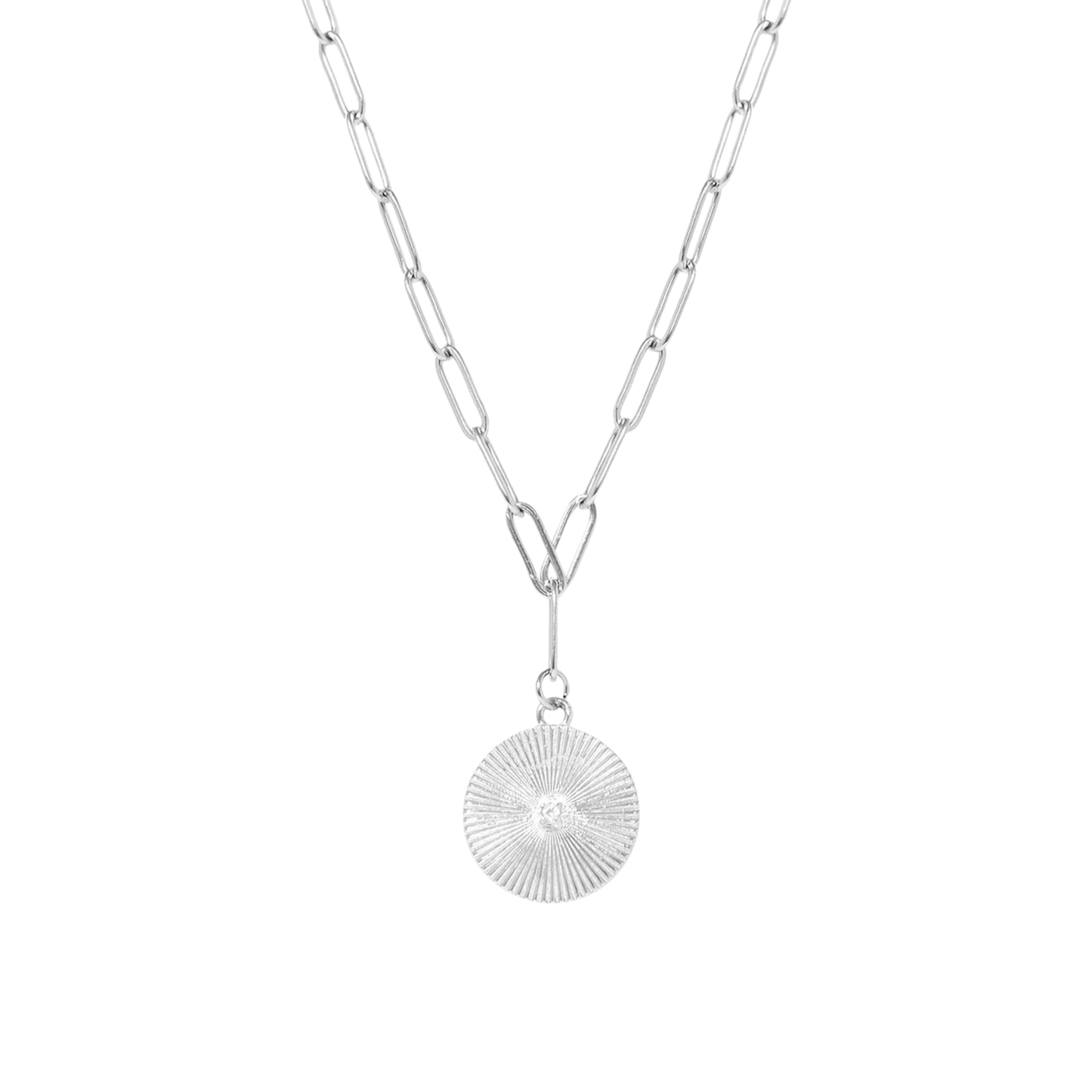 Silver Sunburst Circle Pendant Necklace