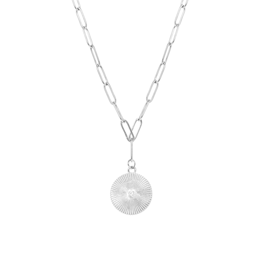 Silver Sunburst Circle Pendant Necklace