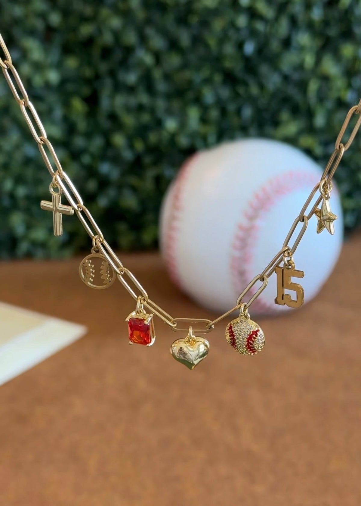 Gold Red Baseball 7-Charm Necklace