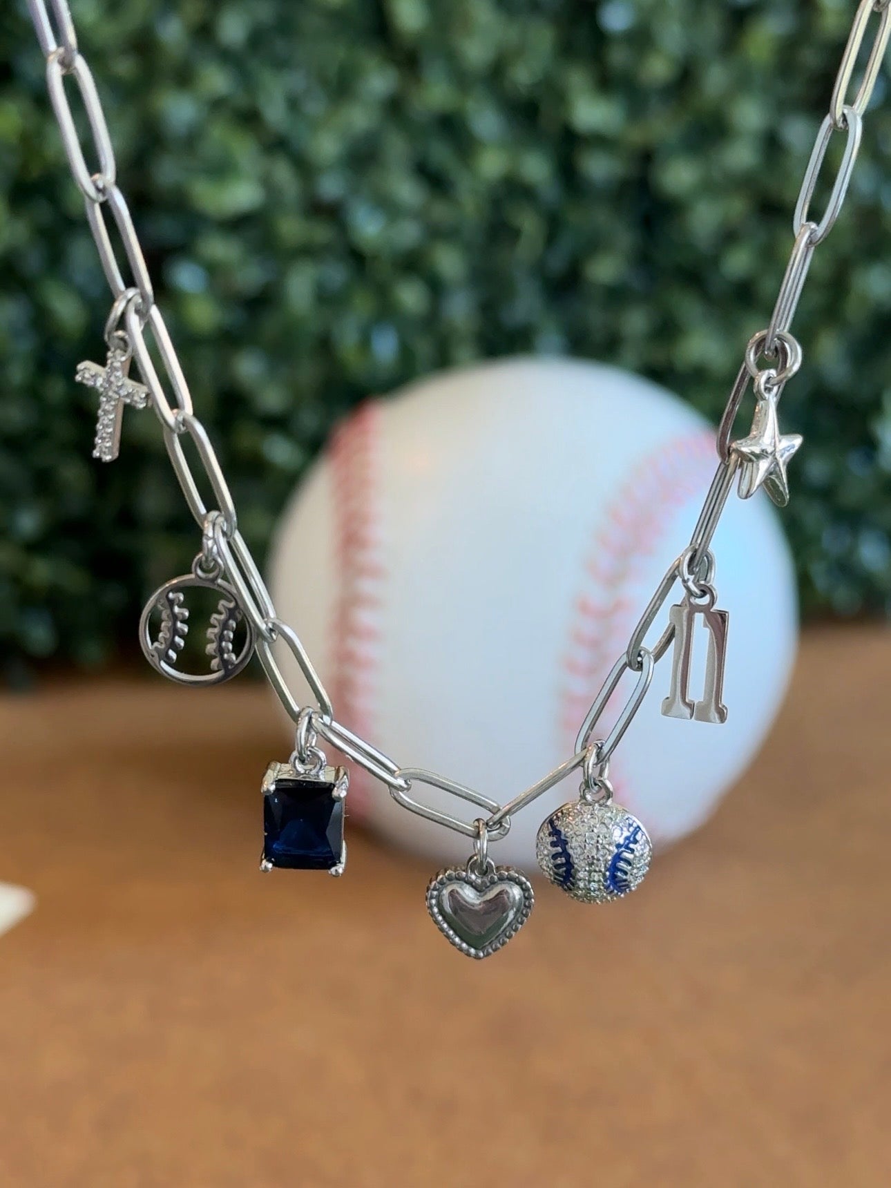 Silver Blue Baseball 7-Charm Necklace