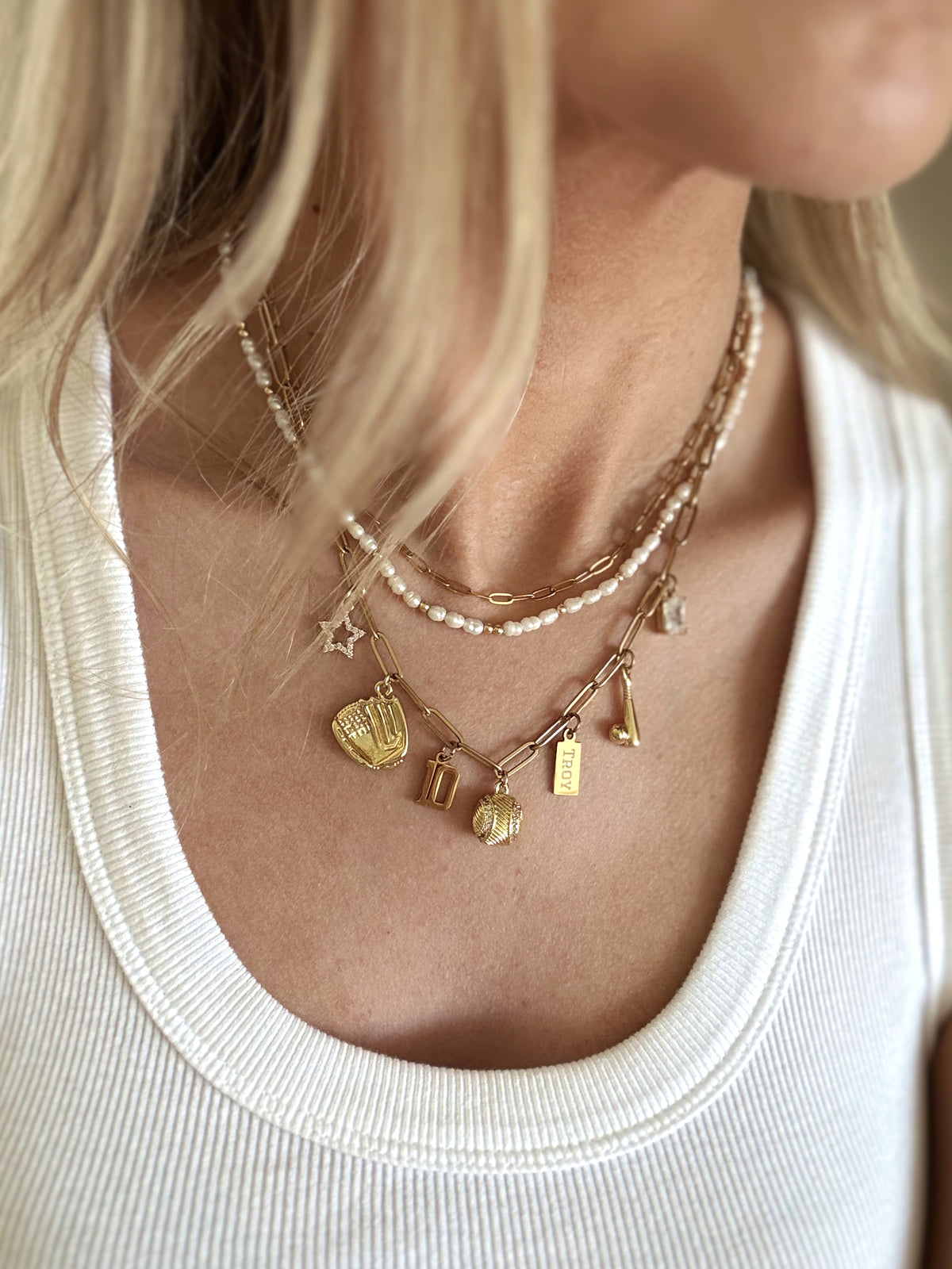 Red and Gold 9-Charm Baseball Necklace