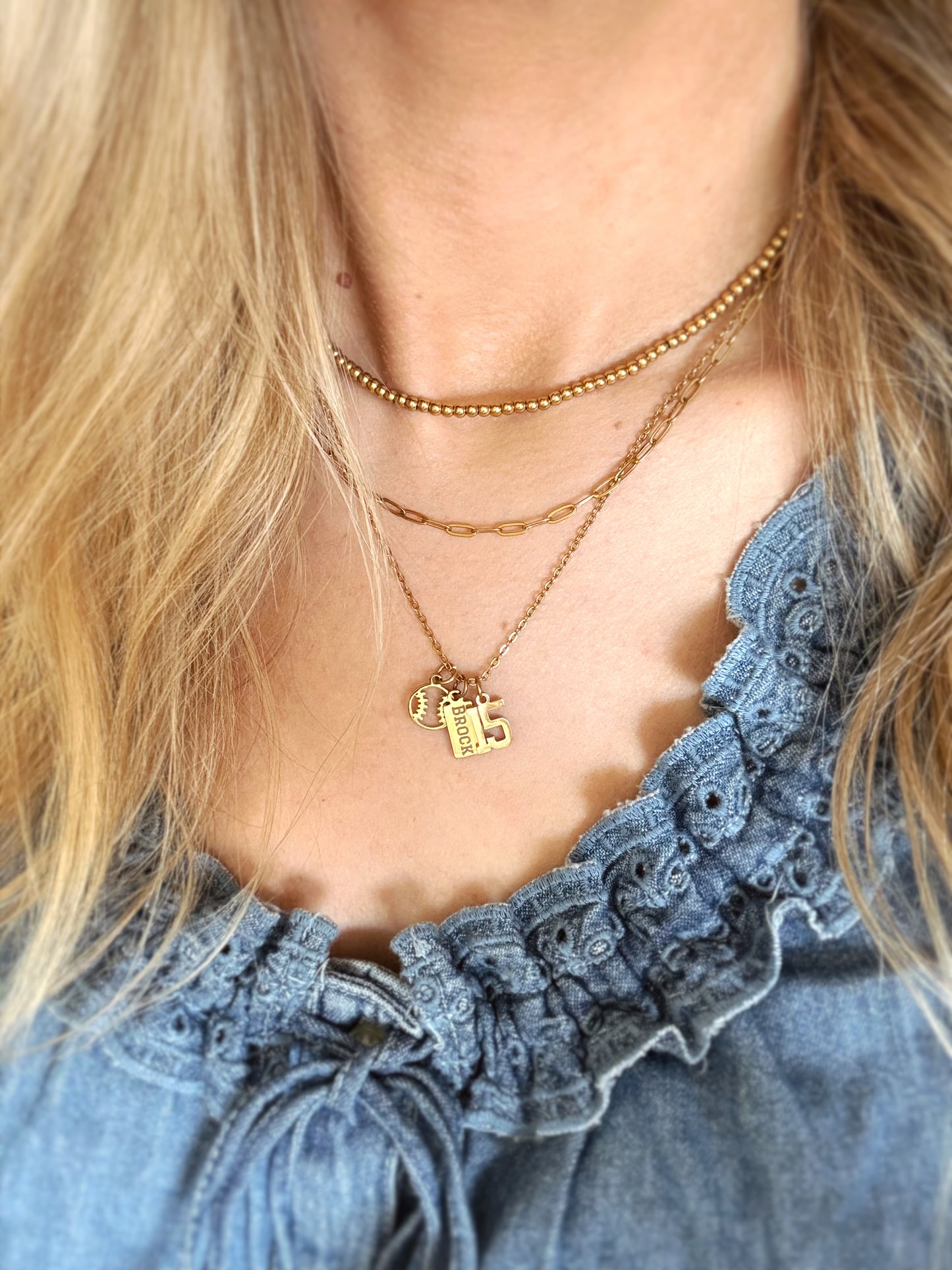 Gold 3-Charm Baseball Necklace