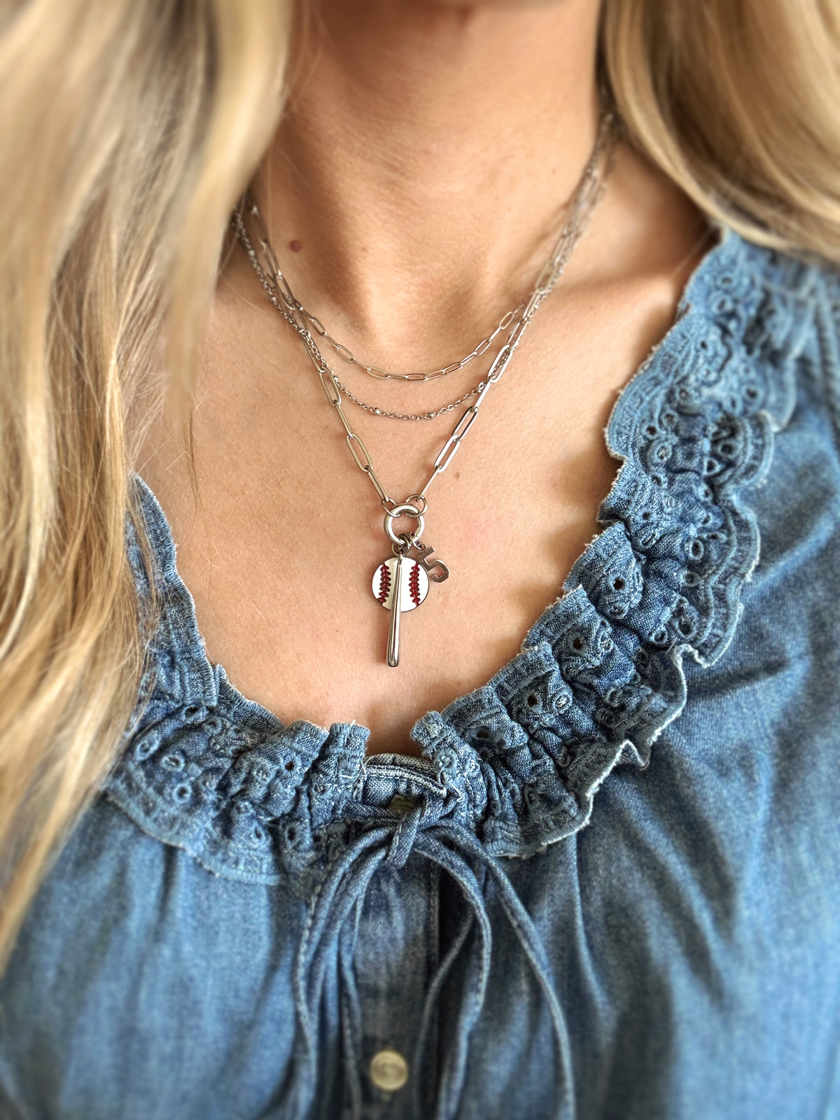 Silver Baseball Bat 3-Charm Holder Necklace