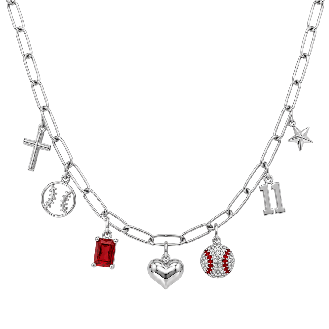 Silver Red Baseball 7-Charm Necklace