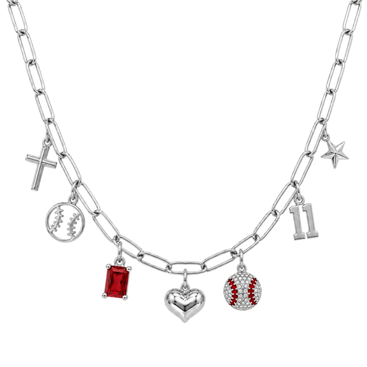 Silver Red Baseball 7-Charm Necklace