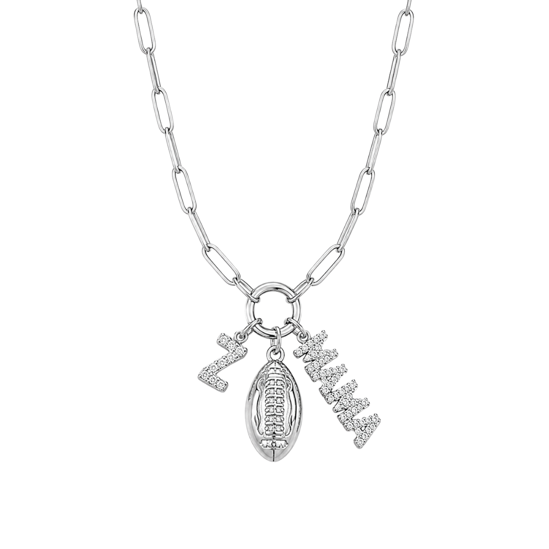 Silver 3-Charm Sparkly Football Charm Holder Necklace