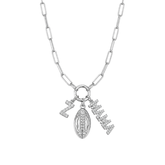 Silver 3-Charm Sparkly Football Charm Holder Necklace
