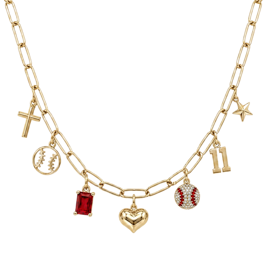 Gold Red Baseball 7-Charm Necklace