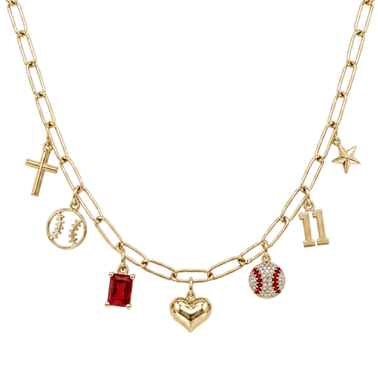 Gold Red Baseball 7-Charm Necklace