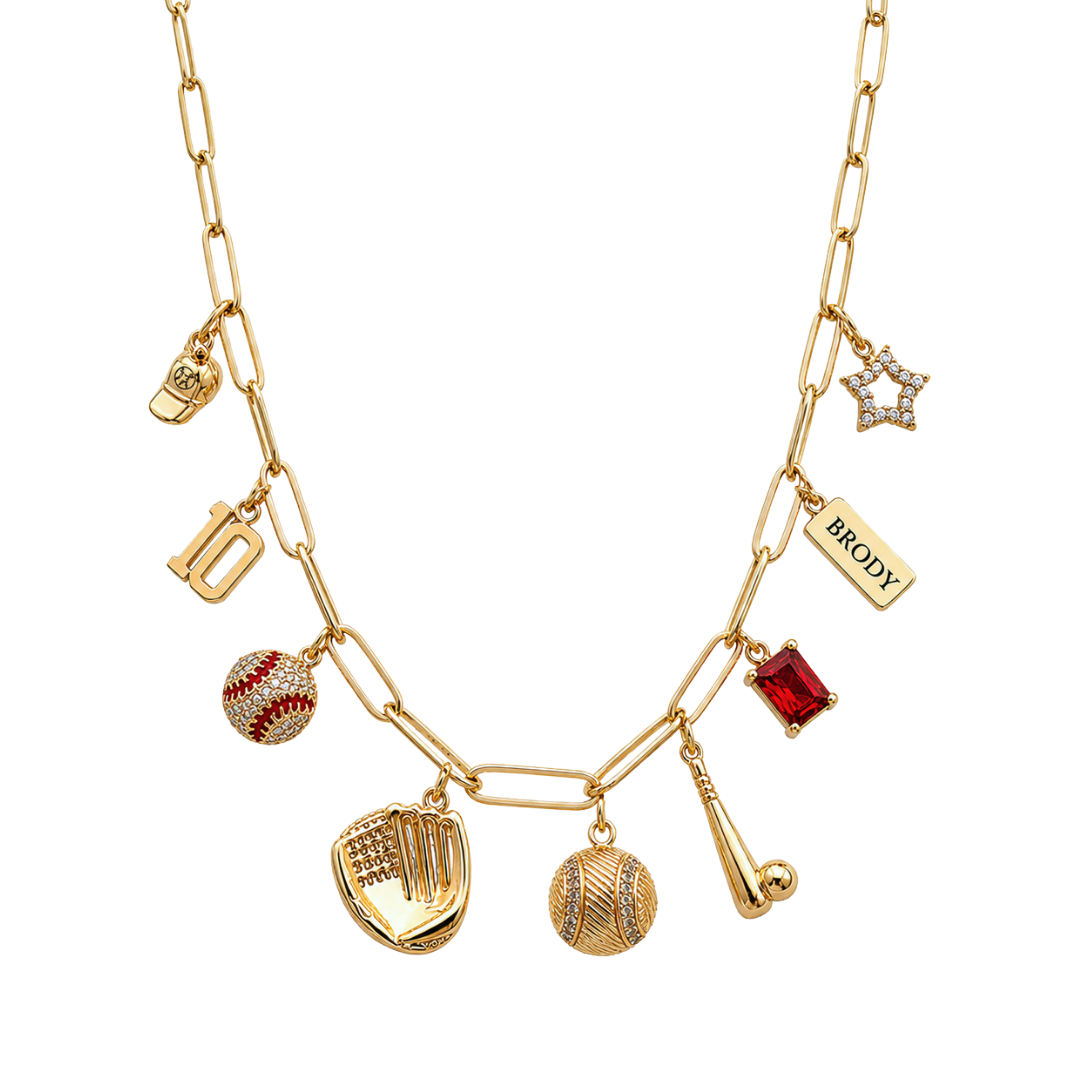 Red and Gold 9-Charm Baseball Necklace