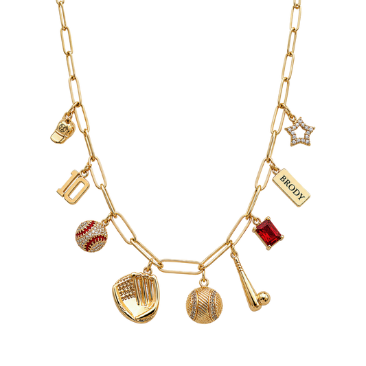 Red and Gold 9-Charm Baseball Necklace