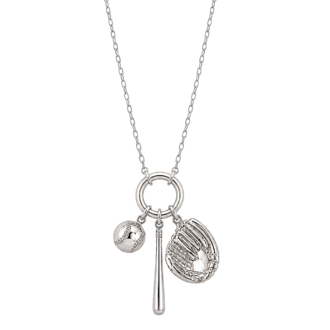 A silver baseball-themed charm necklace featuring a baseball, bat, glove, and a small bead on a delicate chain, shown against a plain white background.
