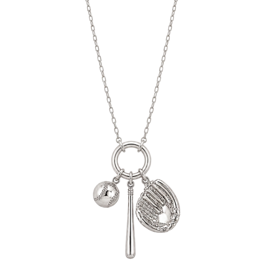 A silver baseball-themed charm necklace featuring a baseball, bat, glove, and a small bead on a delicate chain, shown against a plain white background.